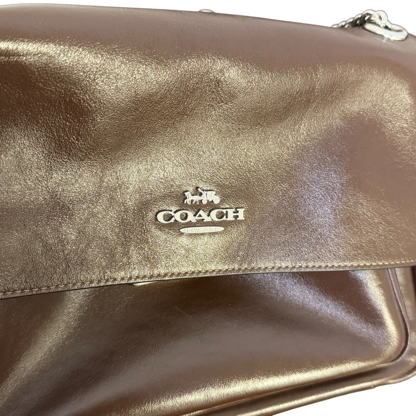 Coach Brown Leather Chain Shoulder Bag With Silver Hardware