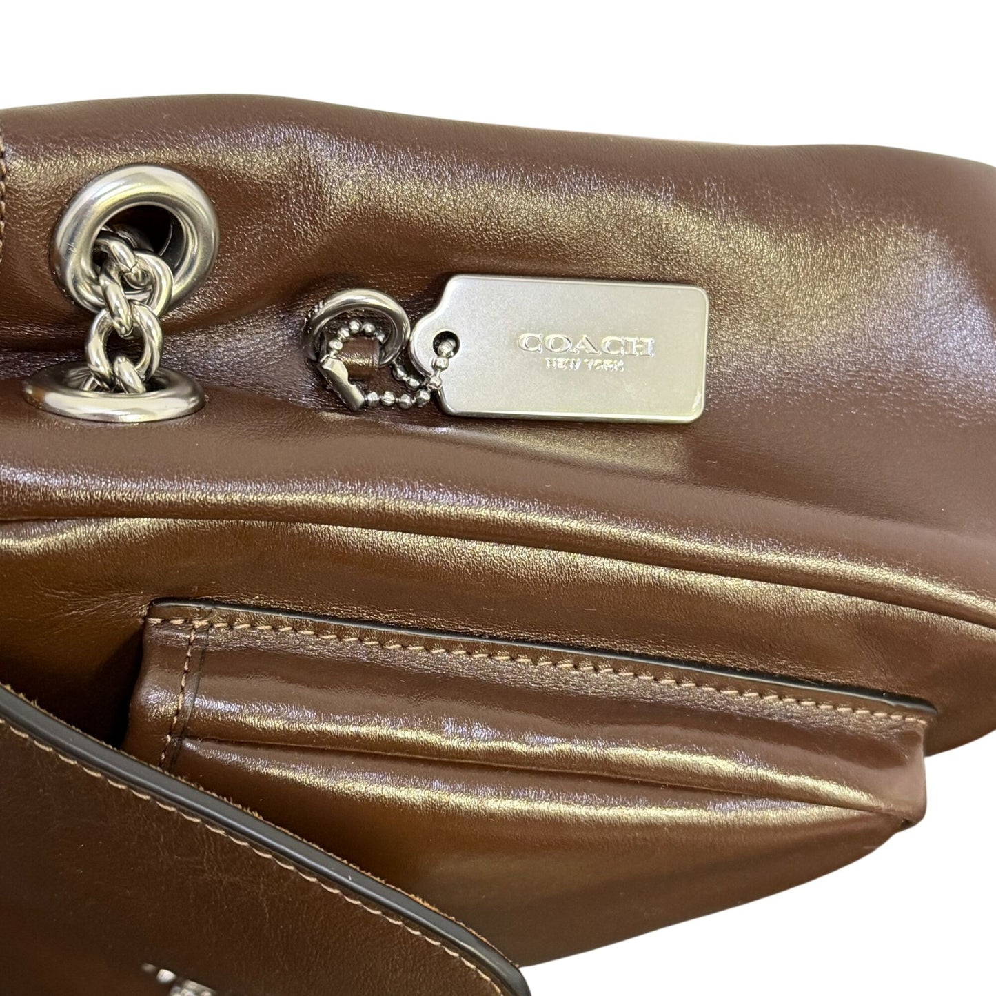 Coach Brown Leather Chain Shoulder Bag With Silver Hardware