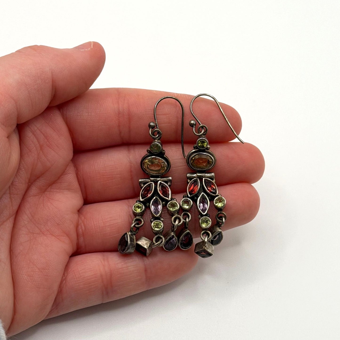 925 Silver Dangle Earrings With Multicolor Gemstones
