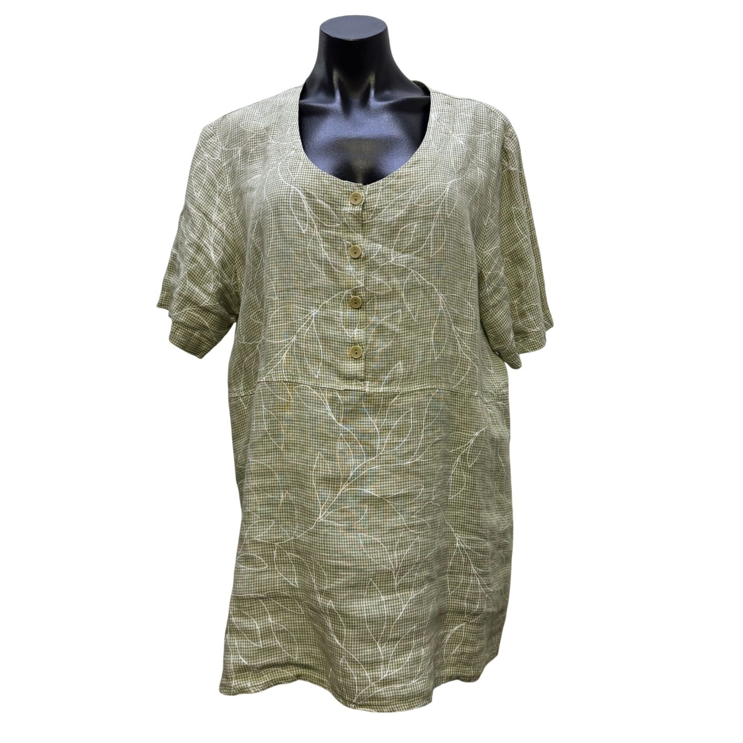 Flax Linen Blouse Green White Floral Button Front L