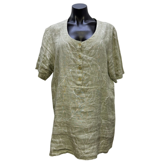 Flax Linen Blouse Green White Floral Button Front L