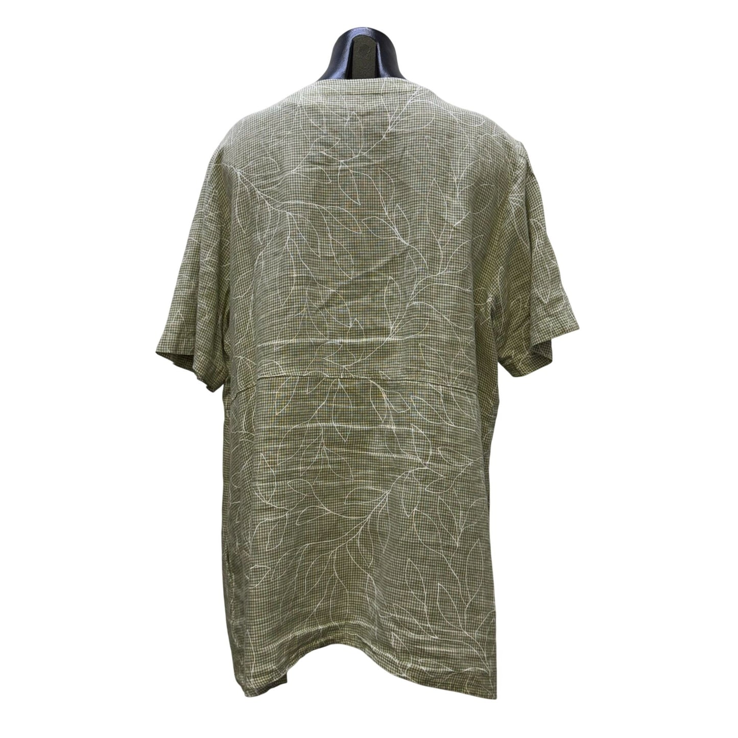 Flax Linen Blouse Green White Floral Button Front L