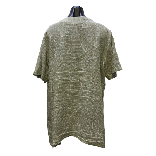 Flax Linen Blouse Green White Floral Button Front L