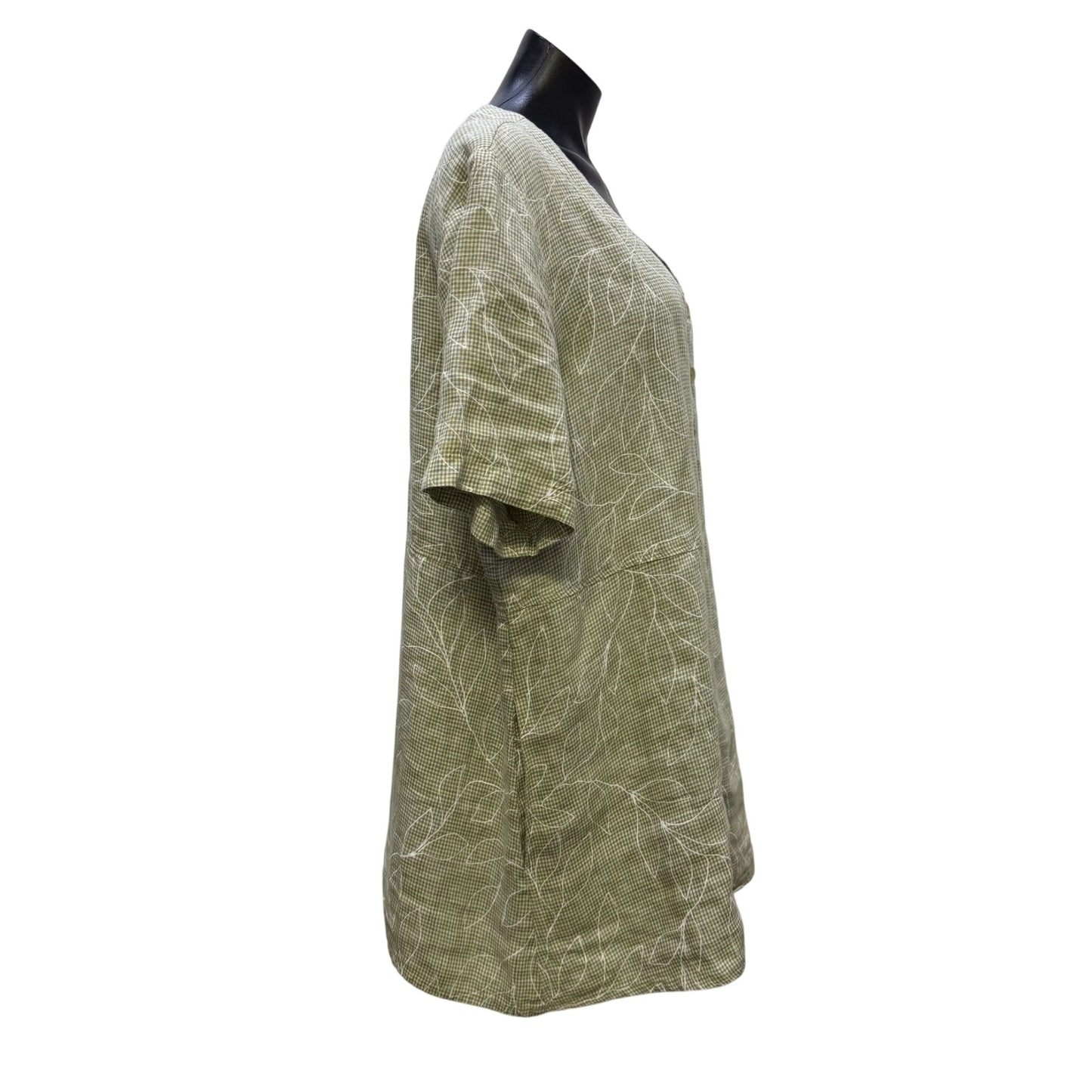 Flax Linen Blouse Green White Floral Button Front L