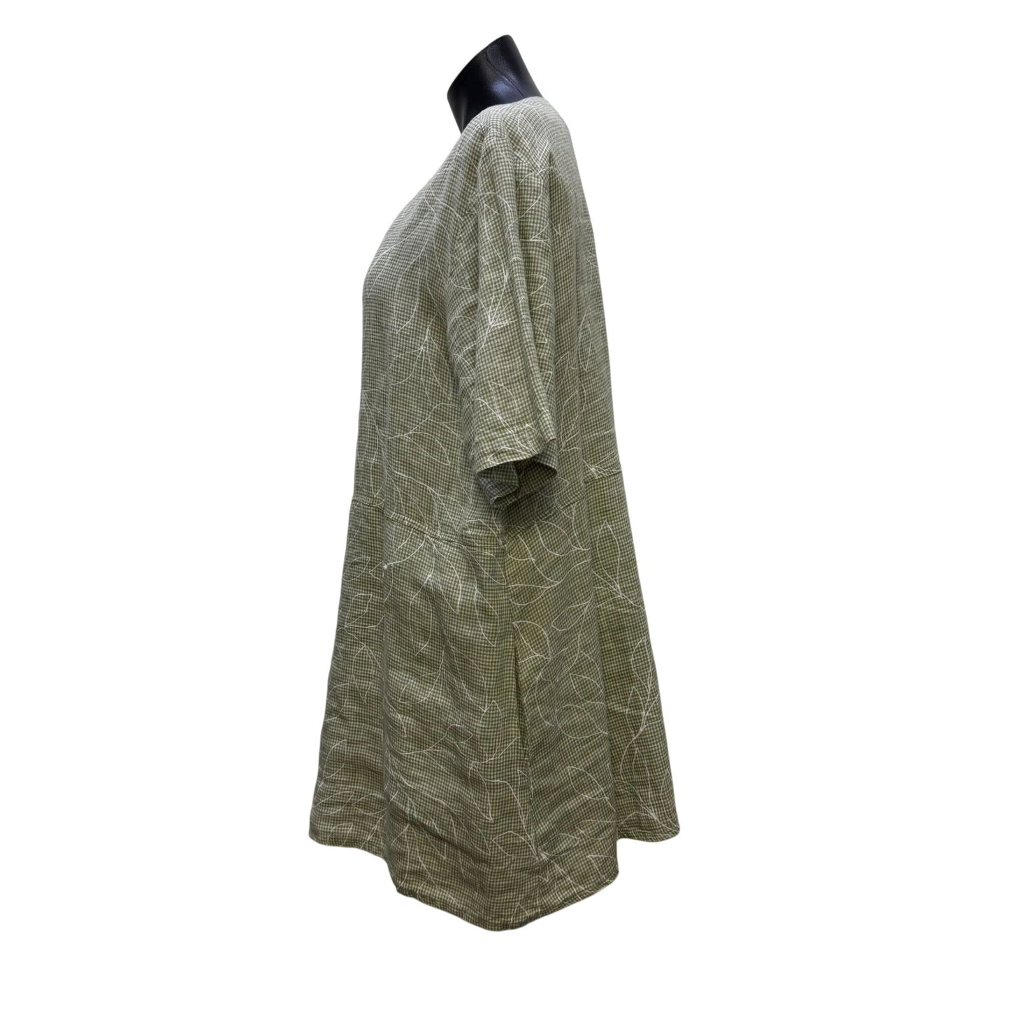 Flax Linen Blouse Green White Floral Button Front L