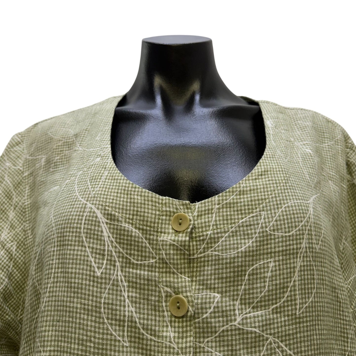 Flax Linen Blouse Green White Floral Button Front L
