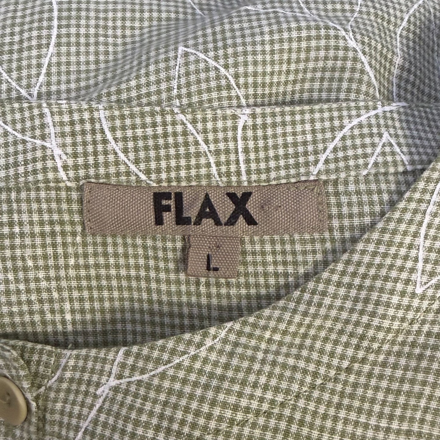 Flax Linen Blouse Green White Floral Button Front L