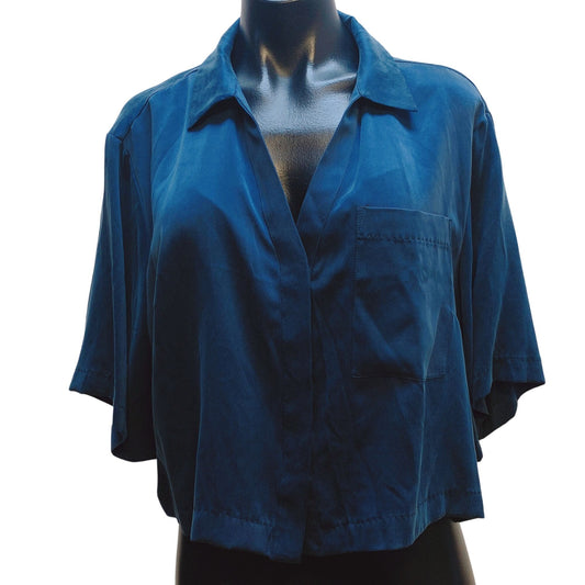 NWT Lunya Womens Blue Silk Cropped Short Sleeve Shirt Large