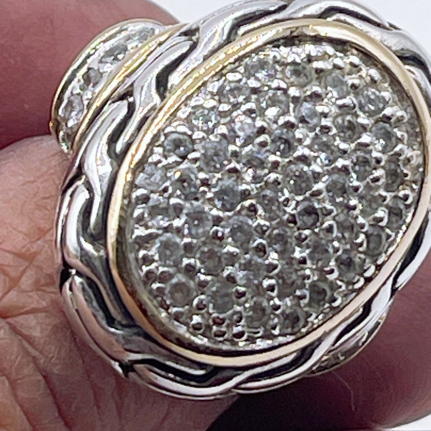 Sterling Silver Gold Accent Oval Pave Rhinestone Crystals Statement Ring Size 7.5