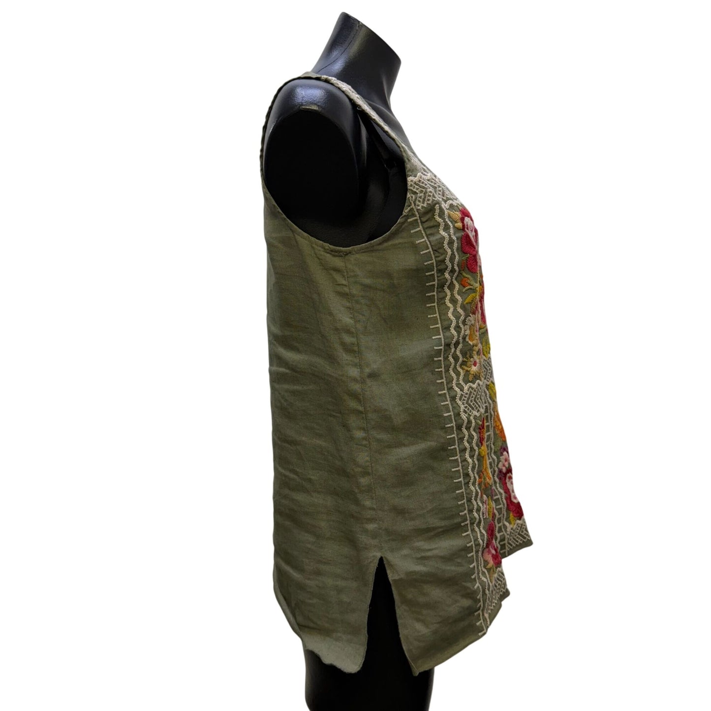 Johnny Was Los Angeles Linen Embroidered Green Floral Blouse XS