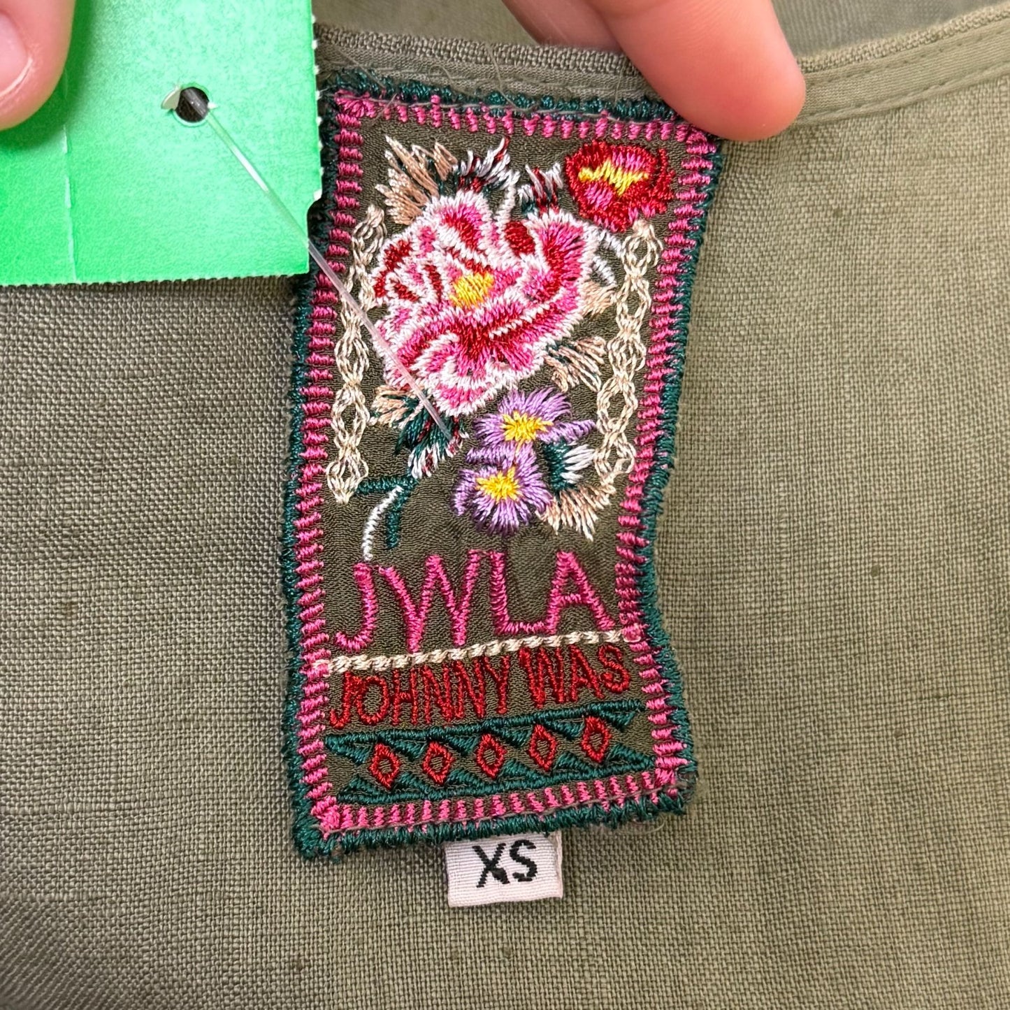 Johnny Was Los Angeles Linen Embroidered Green Floral Blouse XS