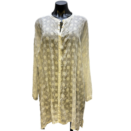 Johnny Was Sheer Embroidered Blouse White Boho Style L