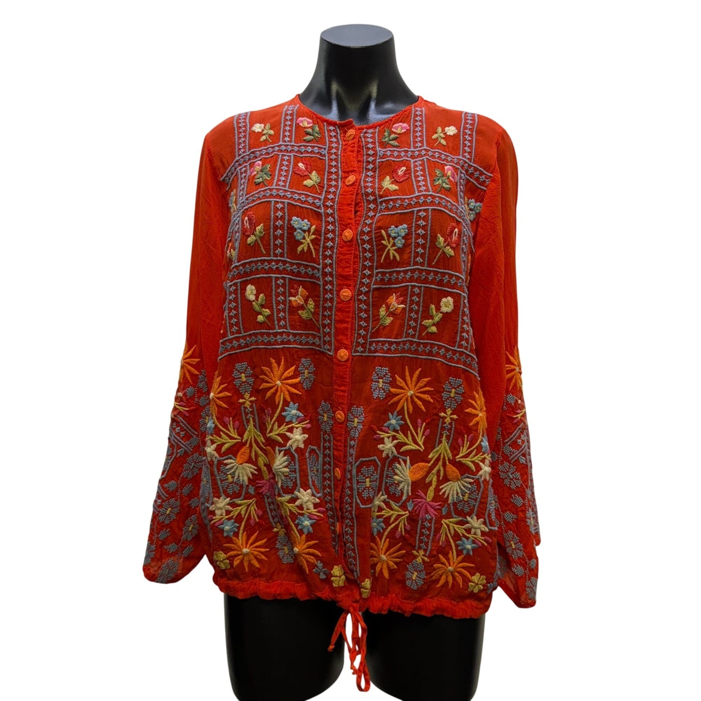 Johnny Was Red Embroidered Floral Boho Blouse S