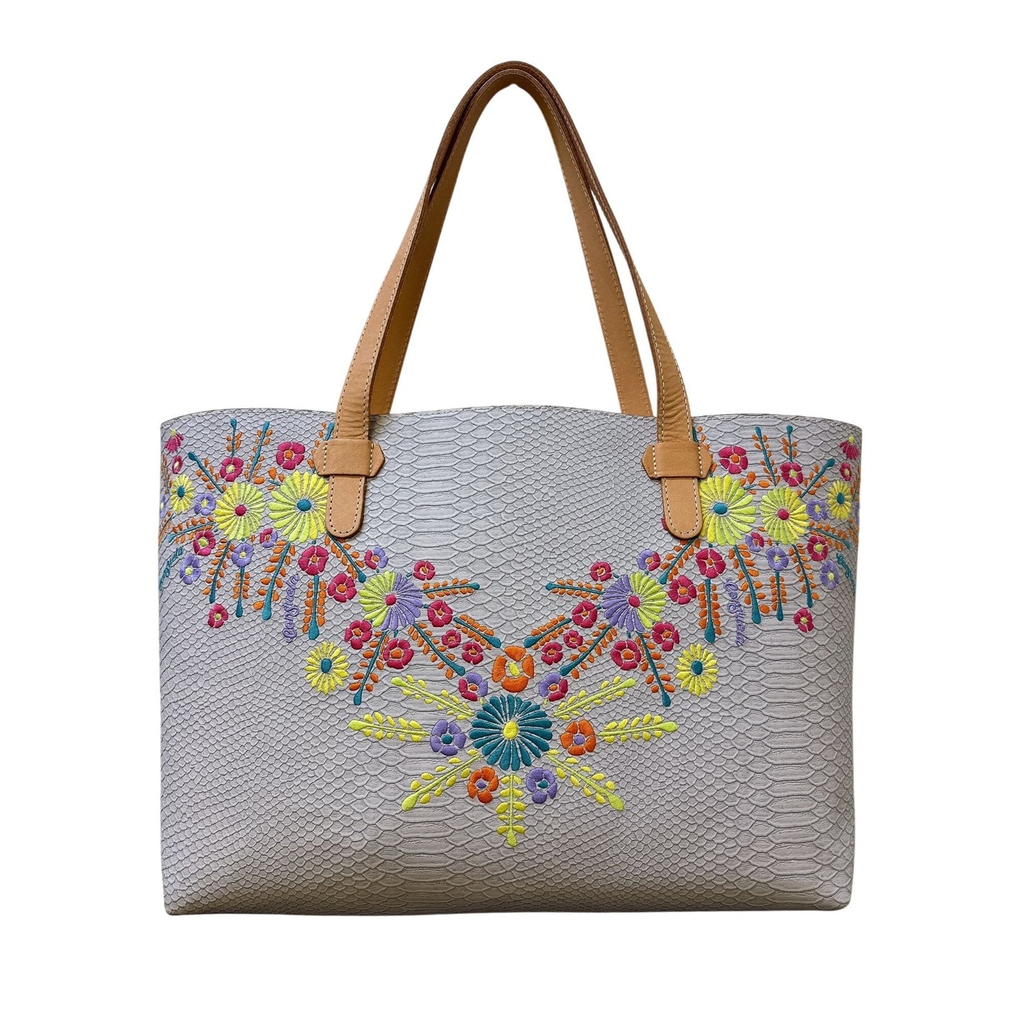 Consuela Embroidered Floral Design Snake Leather Everyday Tote SongBird