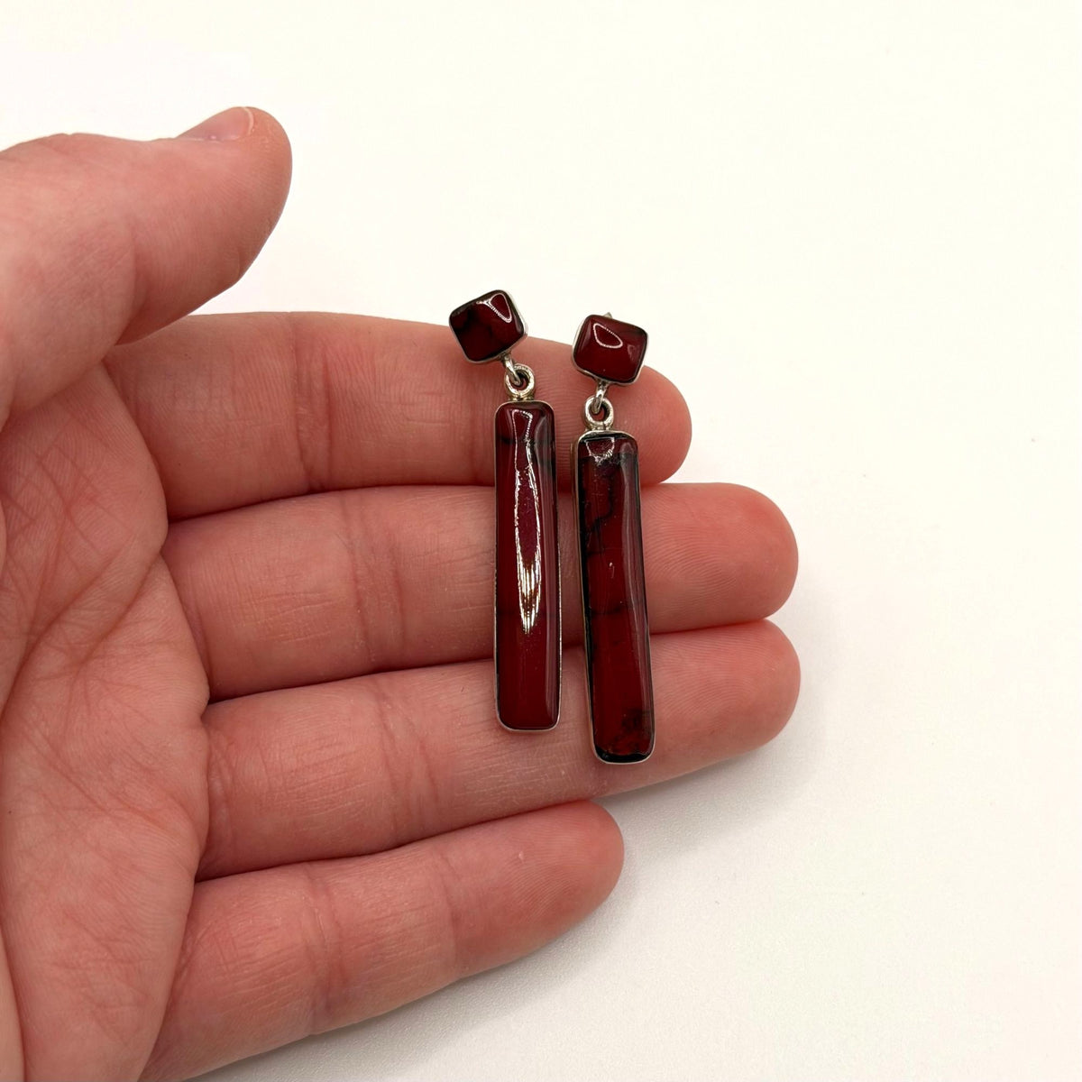925 Sterling Silver Red Rectangle Drop Earrings Made In Mexico