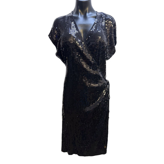 NWT Michael Kors Black Sequin Wrap Dress w/Short Sleeves & Tie Waist Size 1X