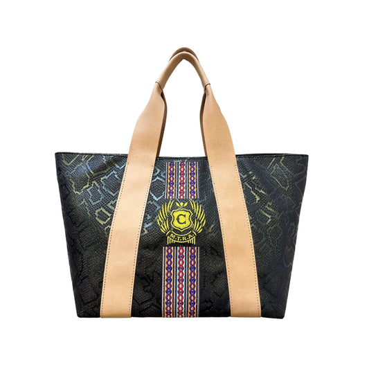 Consuela MTRA Luxury Leather Snake Pattern Canvas Tote Bag Embroidered Logo Decorative Strap