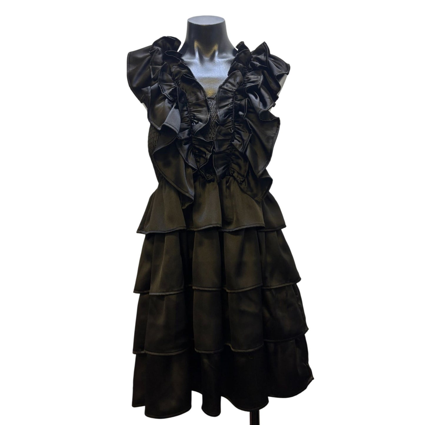 Karlie Ruffled Black Satin Sleeveless Tiered Dress S