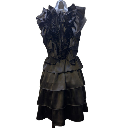Karlie Ruffled Black Satin Sleeveless Tiered Dress S