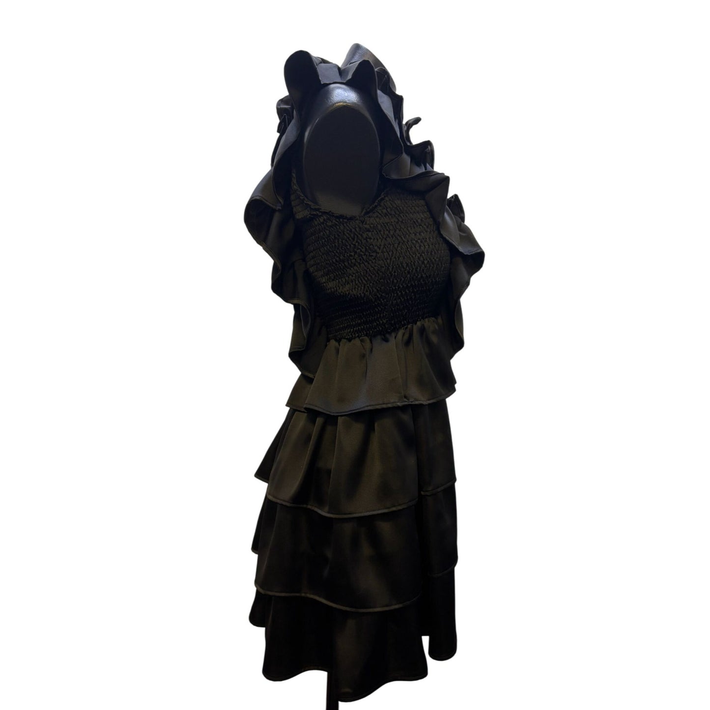 Karlie Ruffled Black Satin Sleeveless Tiered Dress S