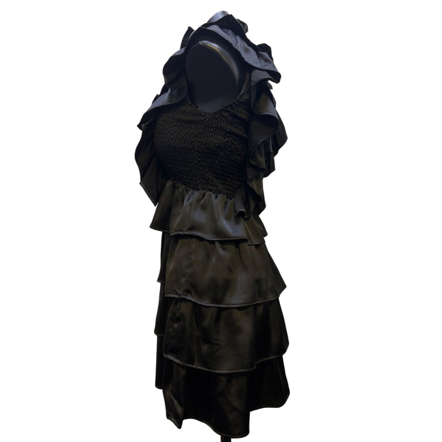 Karlie Ruffled Black Satin Sleeveless Tiered Dress S
