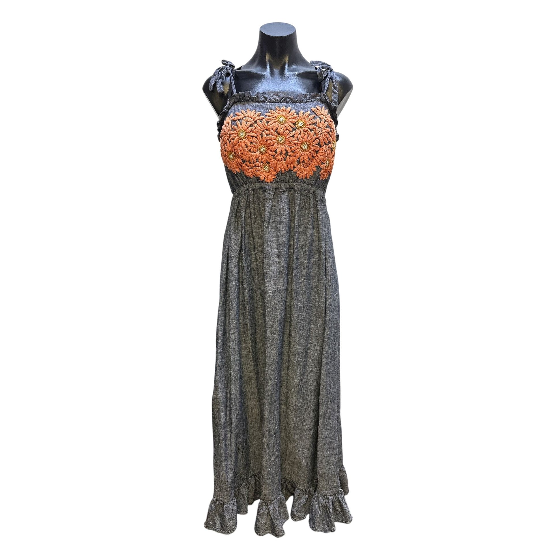 Innika Choo Blue Maxi Dress w/Orange Floral Embroidery & Tie Straps OS –  Vintage Vogue