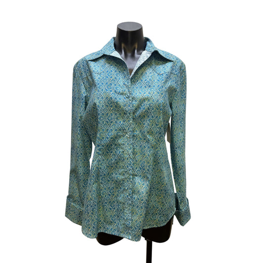NWT CR Ranchwear  Blue Green Blouse w/Geometric Pattern Size M