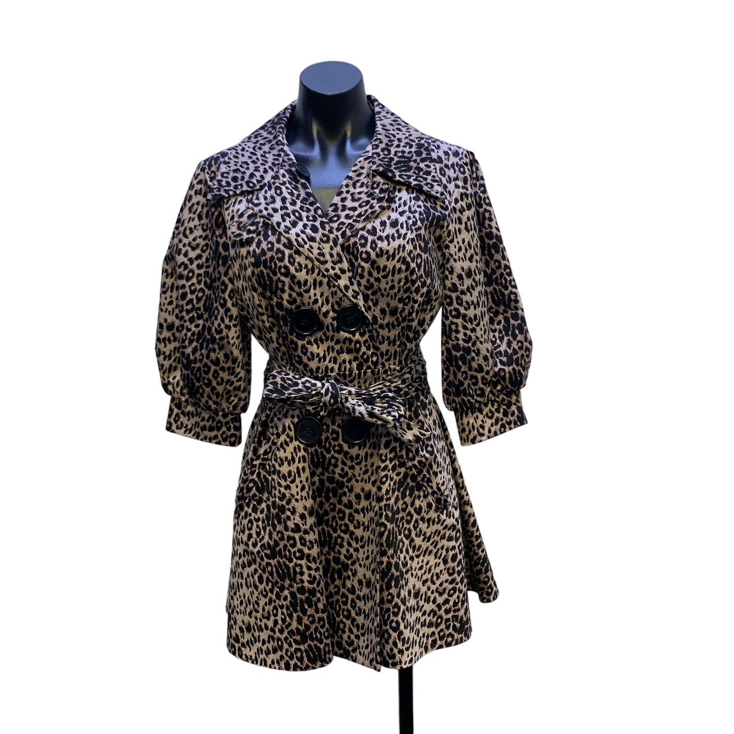 Credibility Sheri Drobnick Leopard Print Double-Breasted Trench Coat Belt & Puffed Sleeves 8