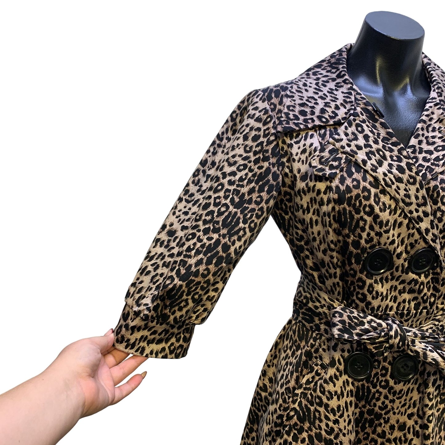 Credibility Sheri Drobnick Leopard Print Double-Breasted Trench Coat Belt & Puffed Sleeves 8