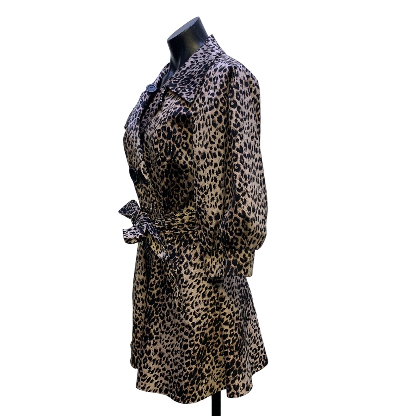 Credibility Sheri Drobnick Leopard Print Double-Breasted Trench Coat Belt & Puffed Sleeves 8