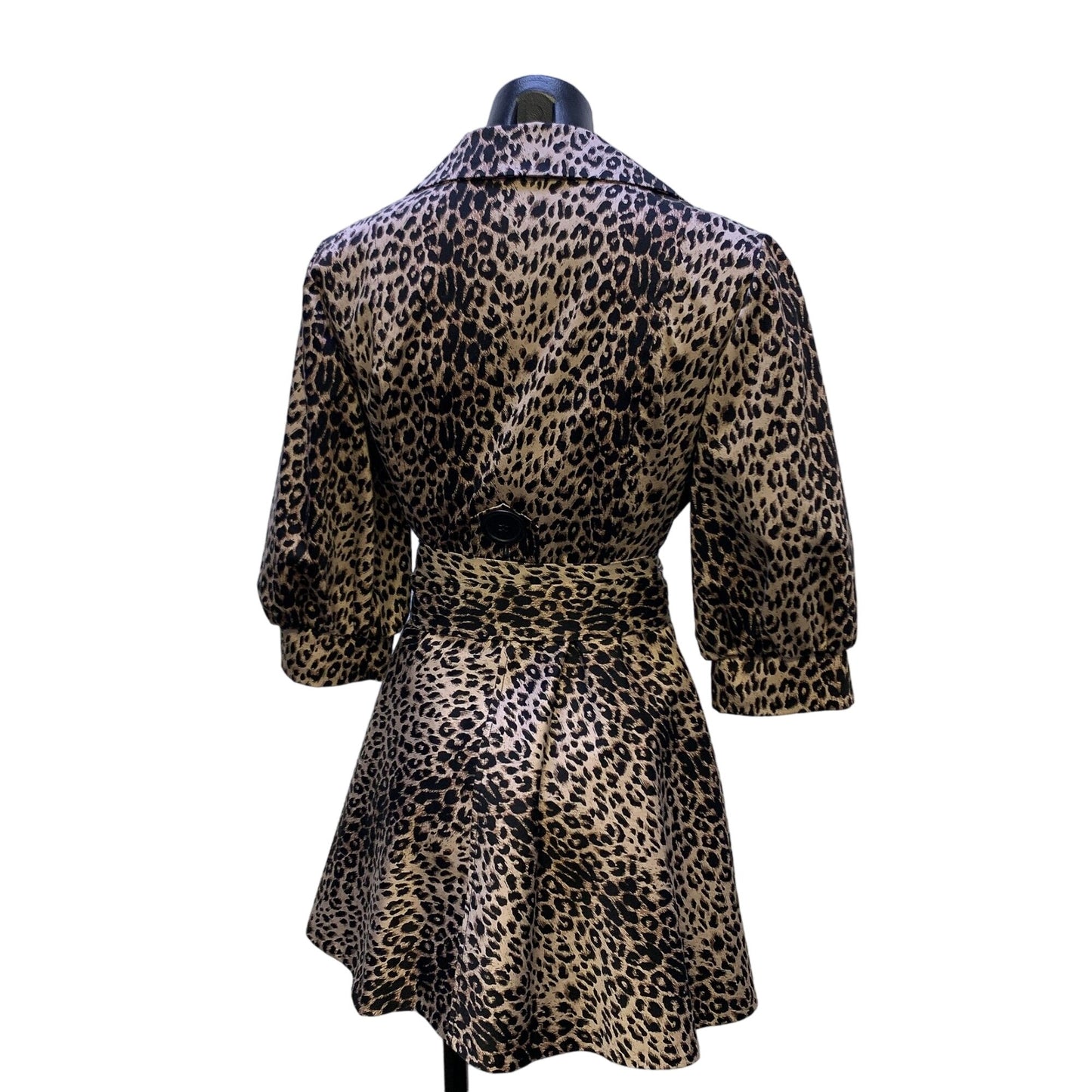 Credibility Sheri Drobnick Leopard Print Double-Breasted Trench Coat Belt & Puffed Sleeves 8