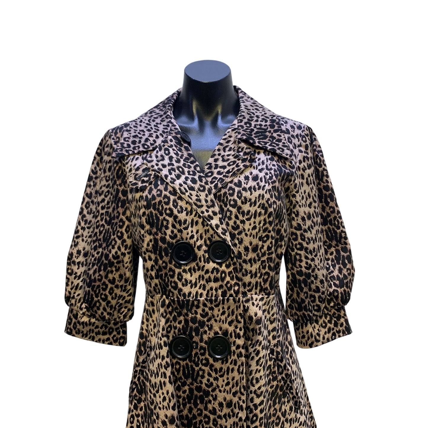 Credibility Sheri Drobnick Leopard Print Double-Breasted Trench Coat Belt & Puffed Sleeves 8