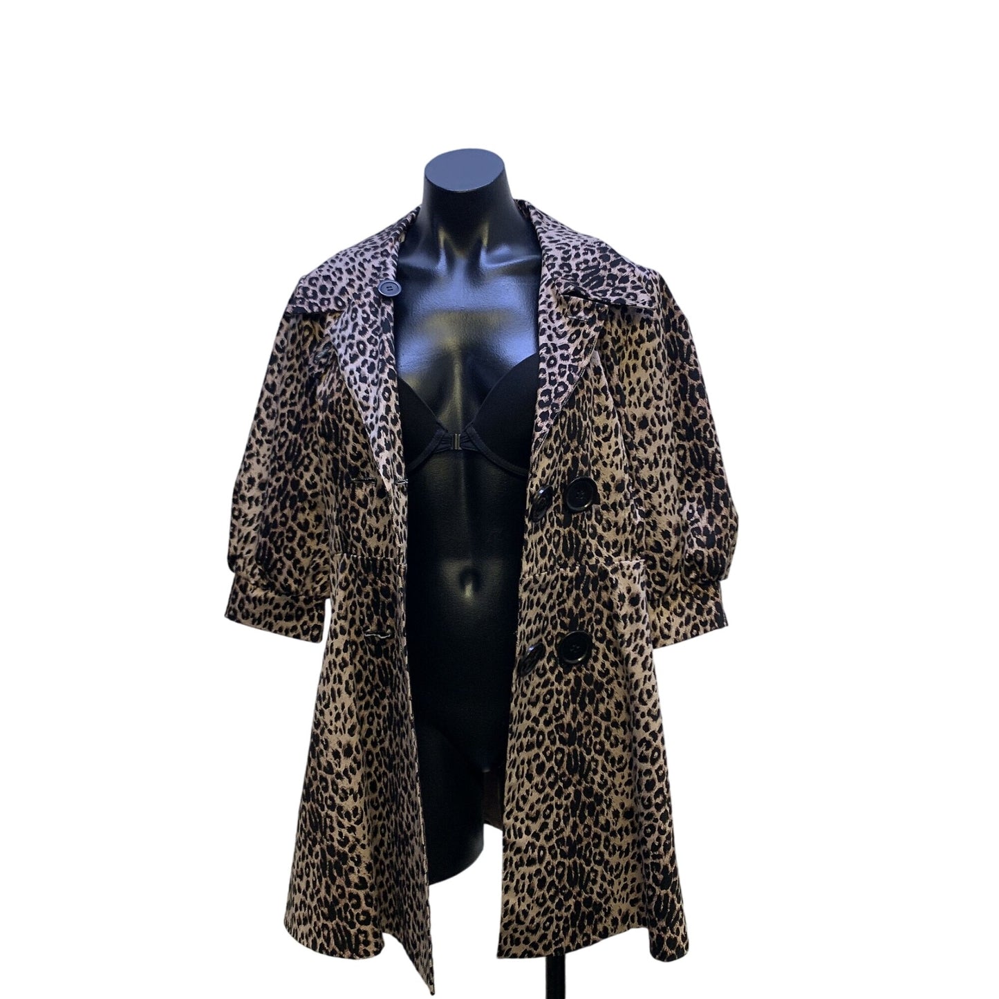 Credibility Sheri Drobnick Leopard Print Double-Breasted Trench Coat Belt & Puffed Sleeves 8