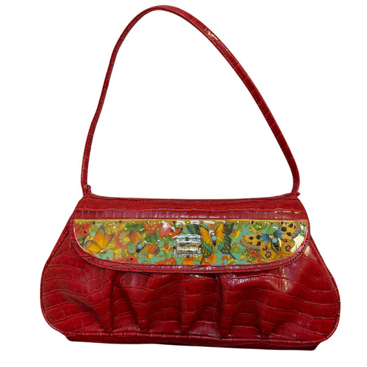 Stella Page Red Croc-Embossed Shoulder Bag With Butterfly & Floral Accents