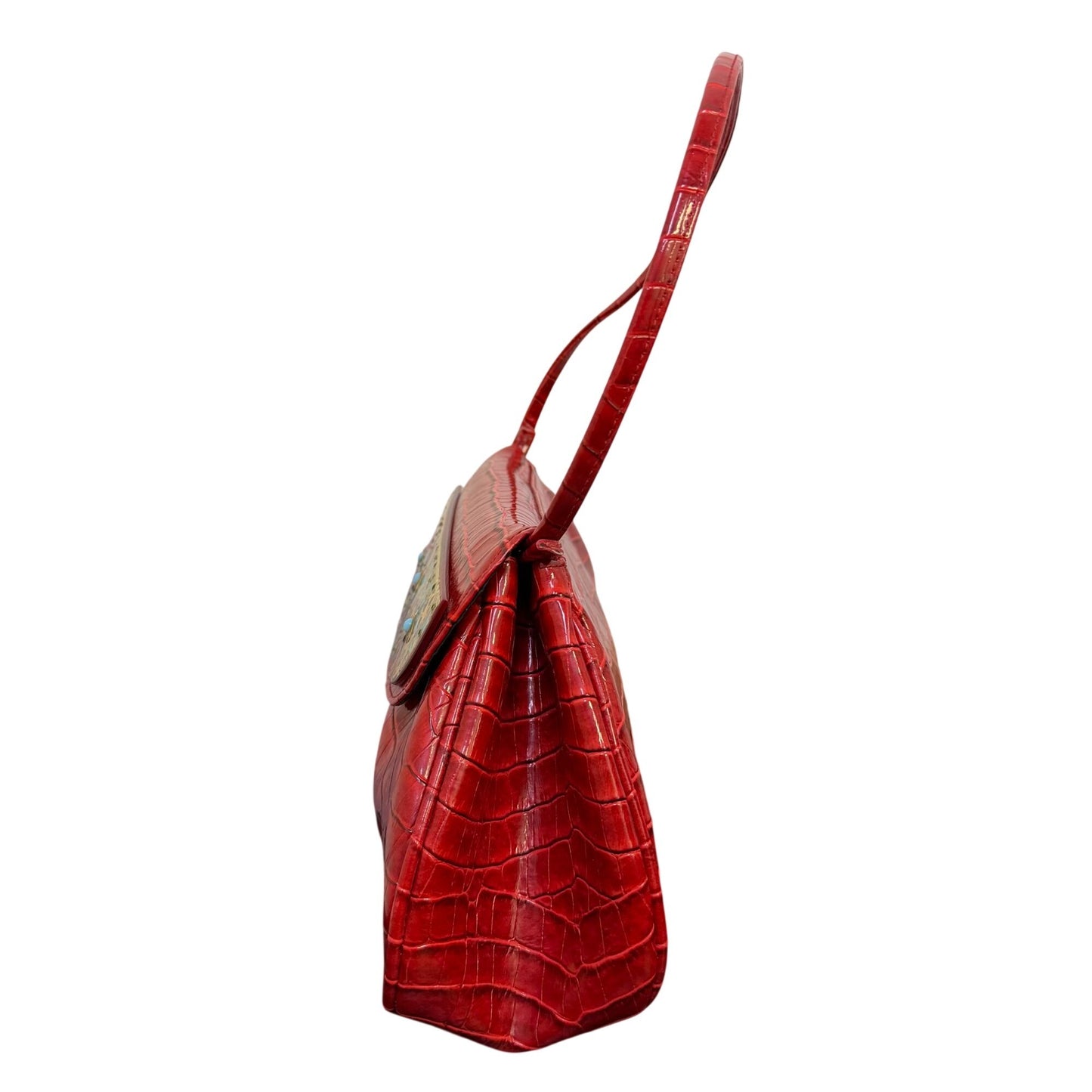 Stella Page Red Croc-Embossed Shoulder Bag With Butterfly & Floral Accents