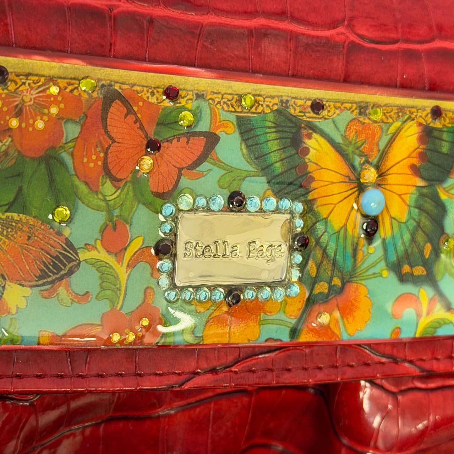 Stella Page Red Croc-Embossed Shoulder Bag With Butterfly & Floral Accents