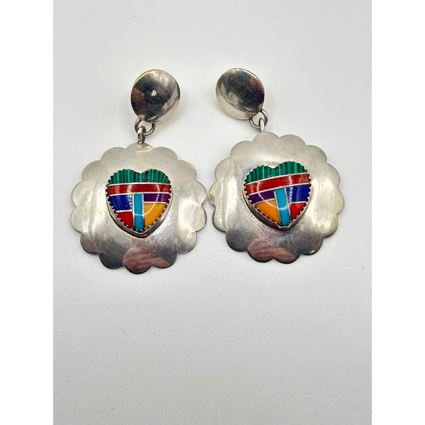 Native American Zuni Inlay Heart Dangle Earrings In Sterling Silver 925