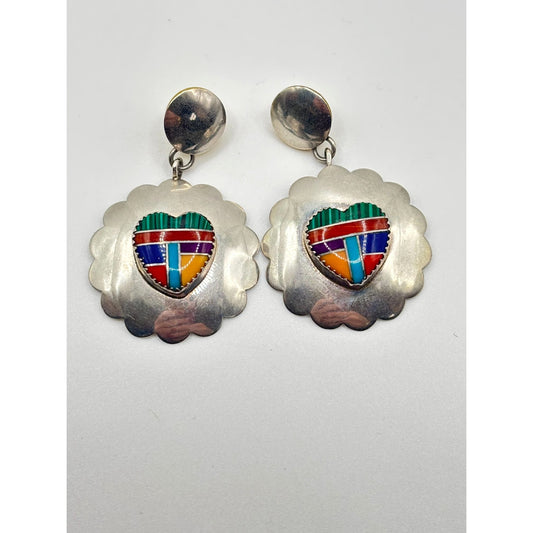 Native American Zuni Inlay Heart Dangle Earrings In Sterling Silver 925