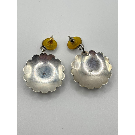 Native American Zuni Inlay Heart Dangle Earrings In Sterling Silver 925