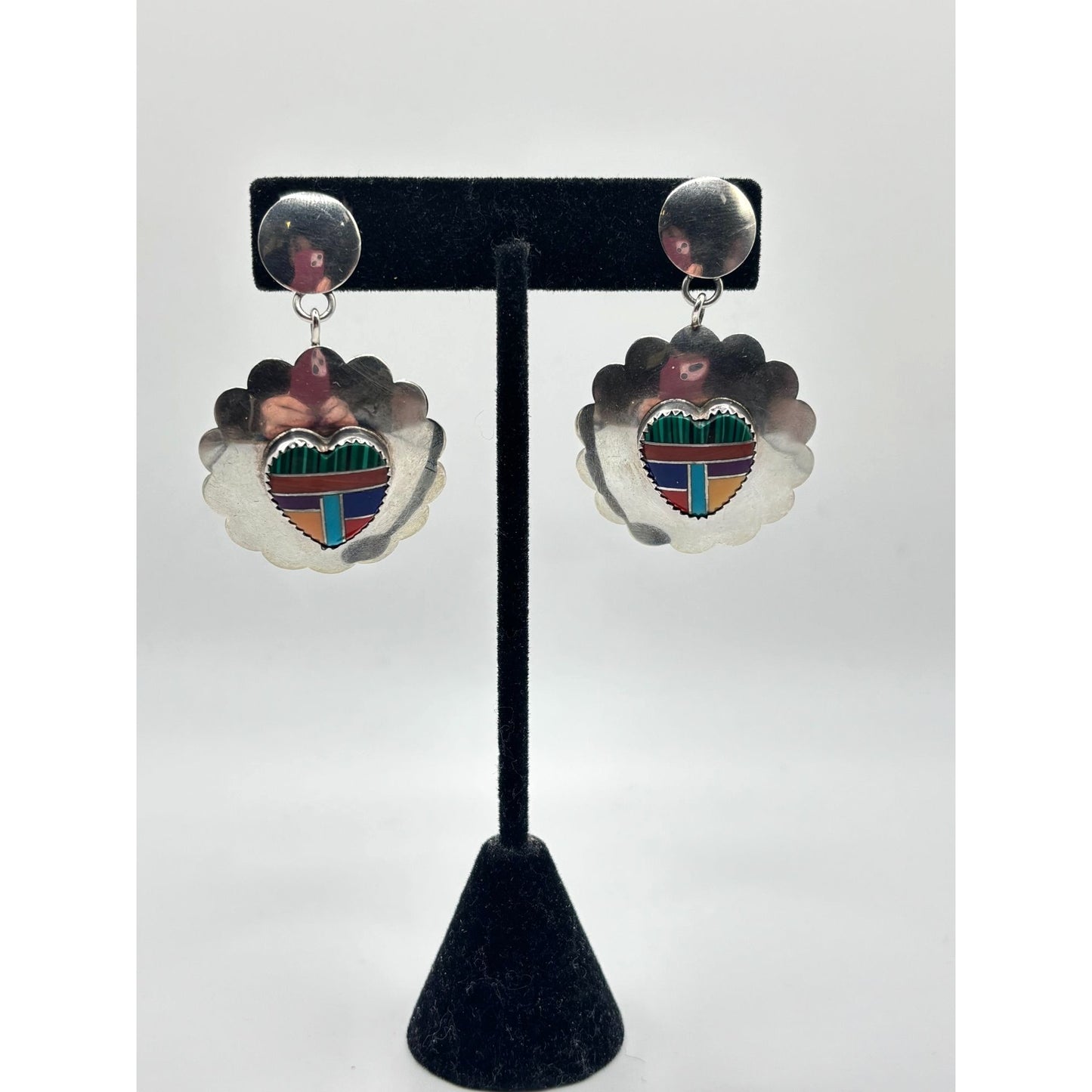 Native American Zuni Inlay Heart Dangle Earrings In Sterling Silver 925