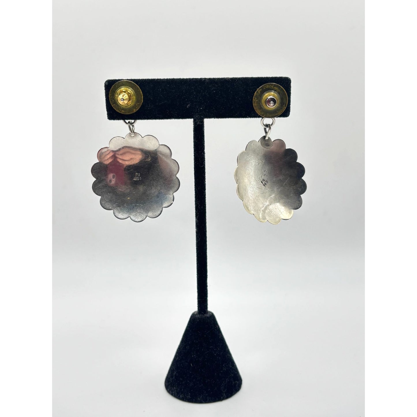 Native American Zuni Inlay Heart Dangle Earrings In Sterling Silver 925