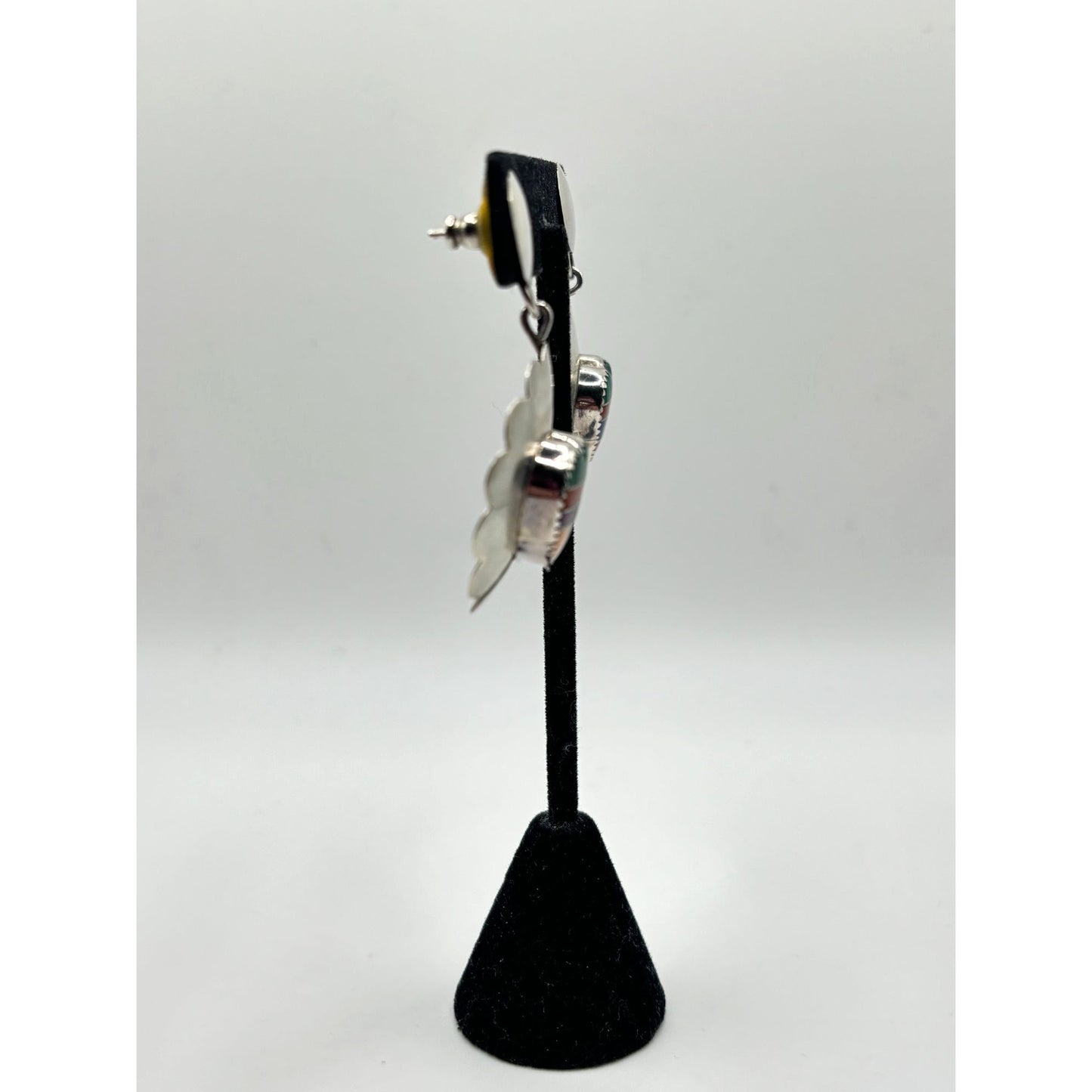 Native American Zuni Inlay Heart Dangle Earrings In Sterling Silver 925