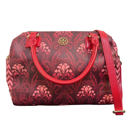 Tory Burch Red Floral Printed Satchel Tote Bag Adjustable Crossbody Vintage