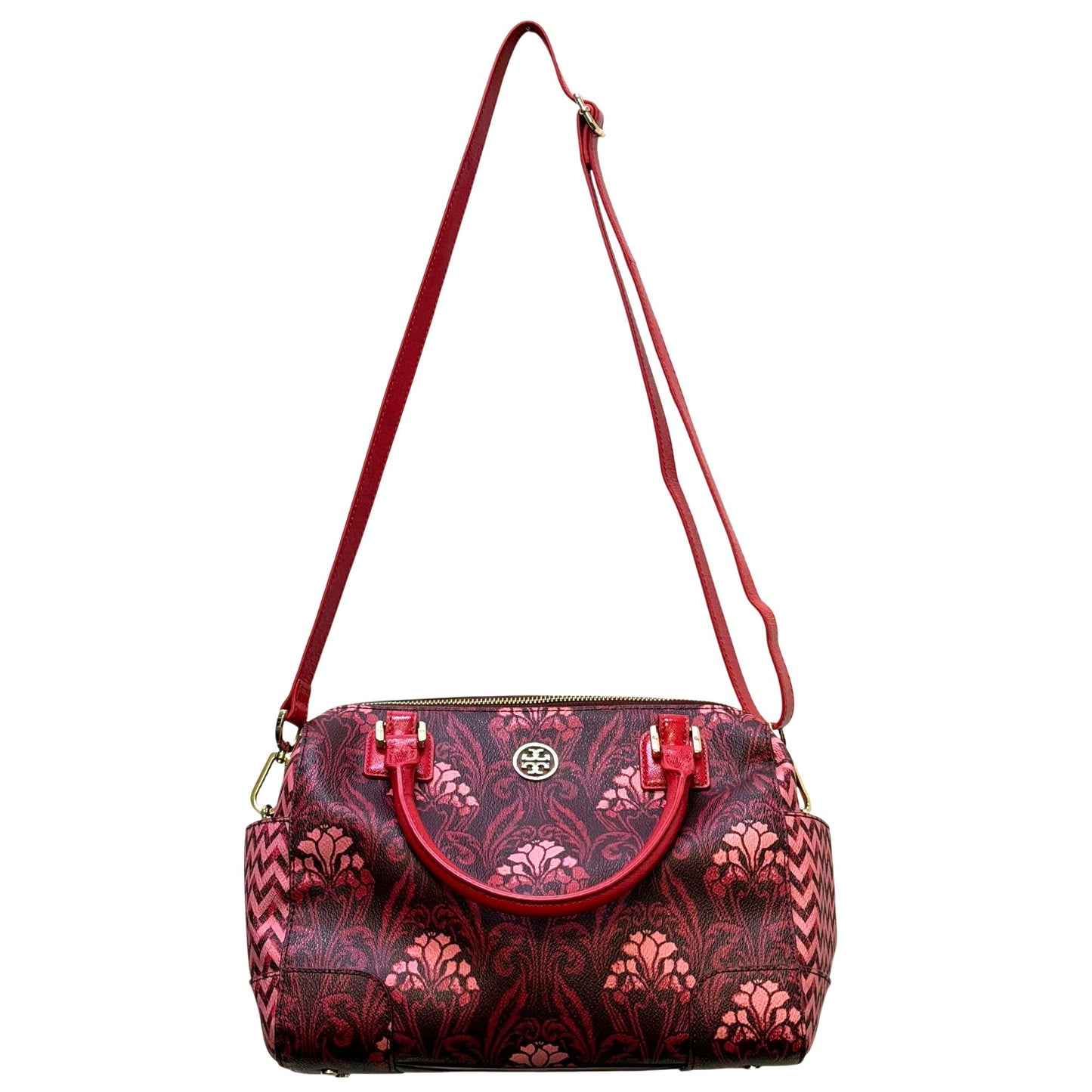 Tory Burch Red Floral Printed Satchel Tote Bag Adjustable Crossbody Vintage