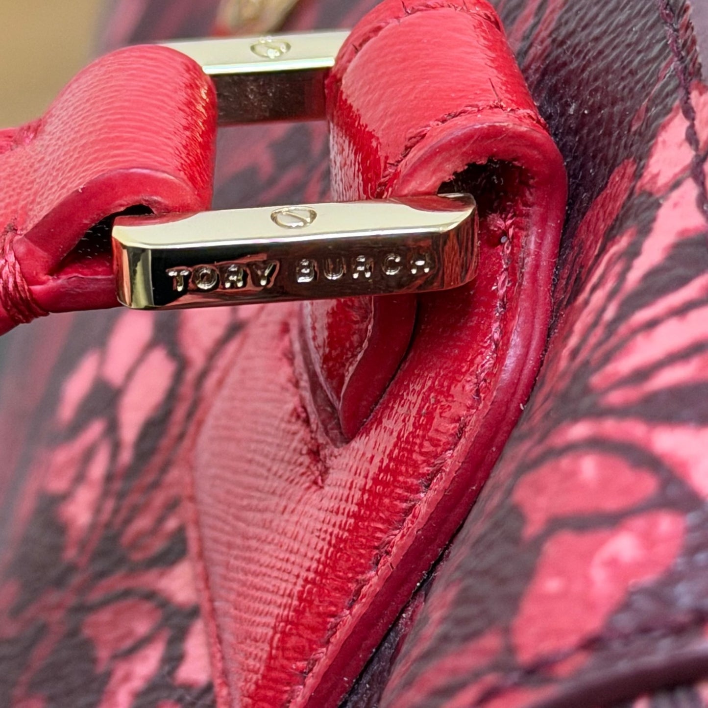 Tory Burch Red Floral Printed Satchel Tote Bag Adjustable Crossbody Vintage