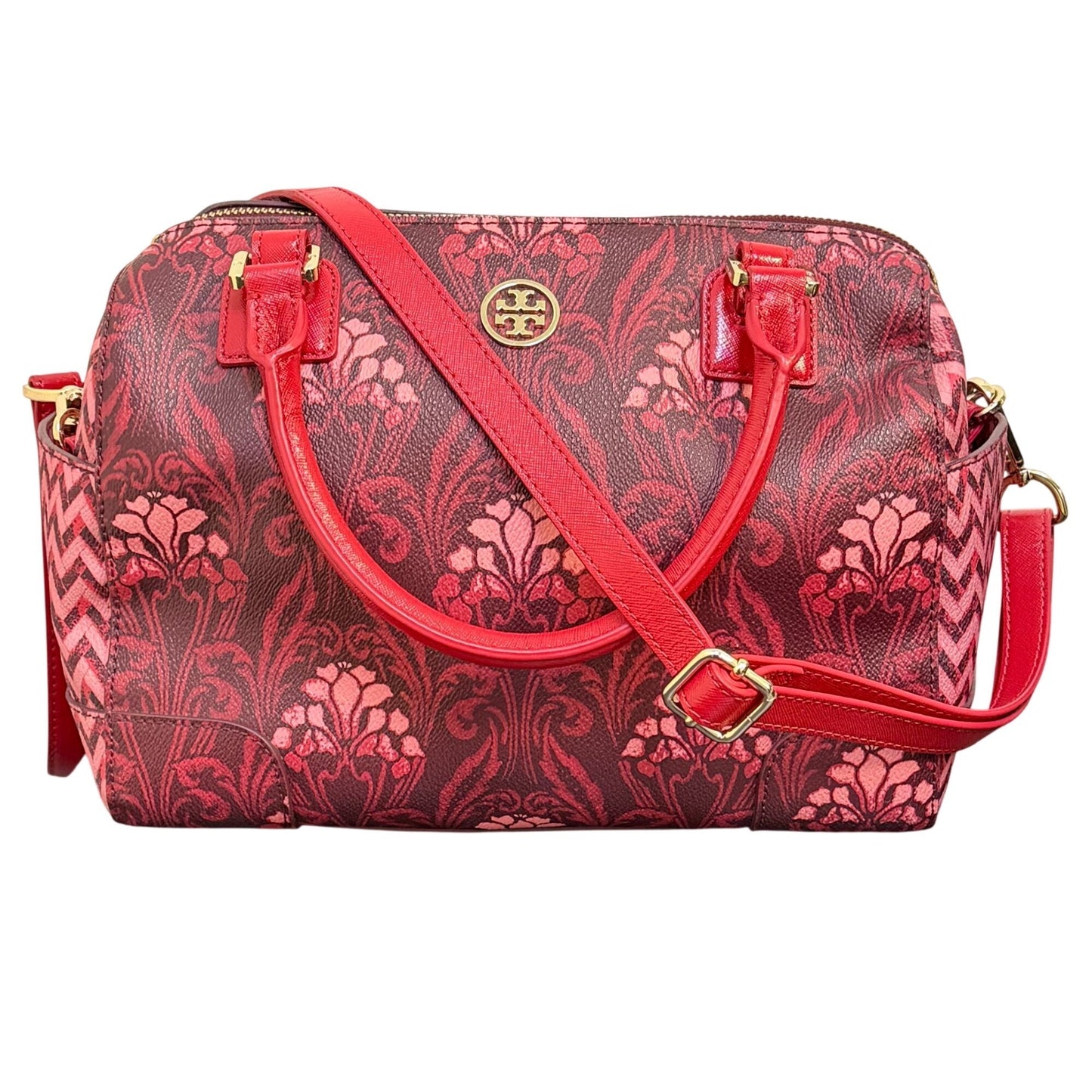 Tory Burch Red Floral Printed Satchel Tote Bag Adjustable Crossbody Vintage