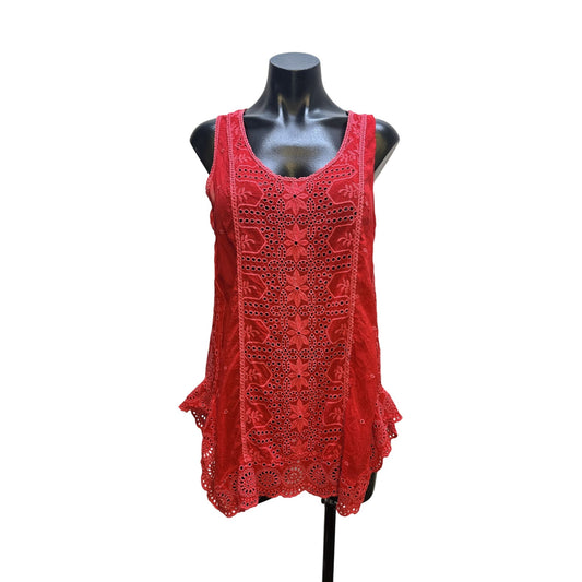 Johnny Was Red Tunic Tank w/Intricate Eyelet Design Size M