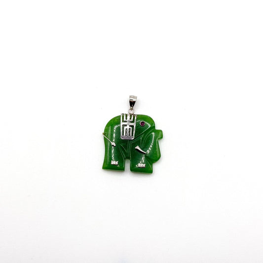 Curata 925 Sterling Silver Green Jade Elephant Pendant With Ruby Eye