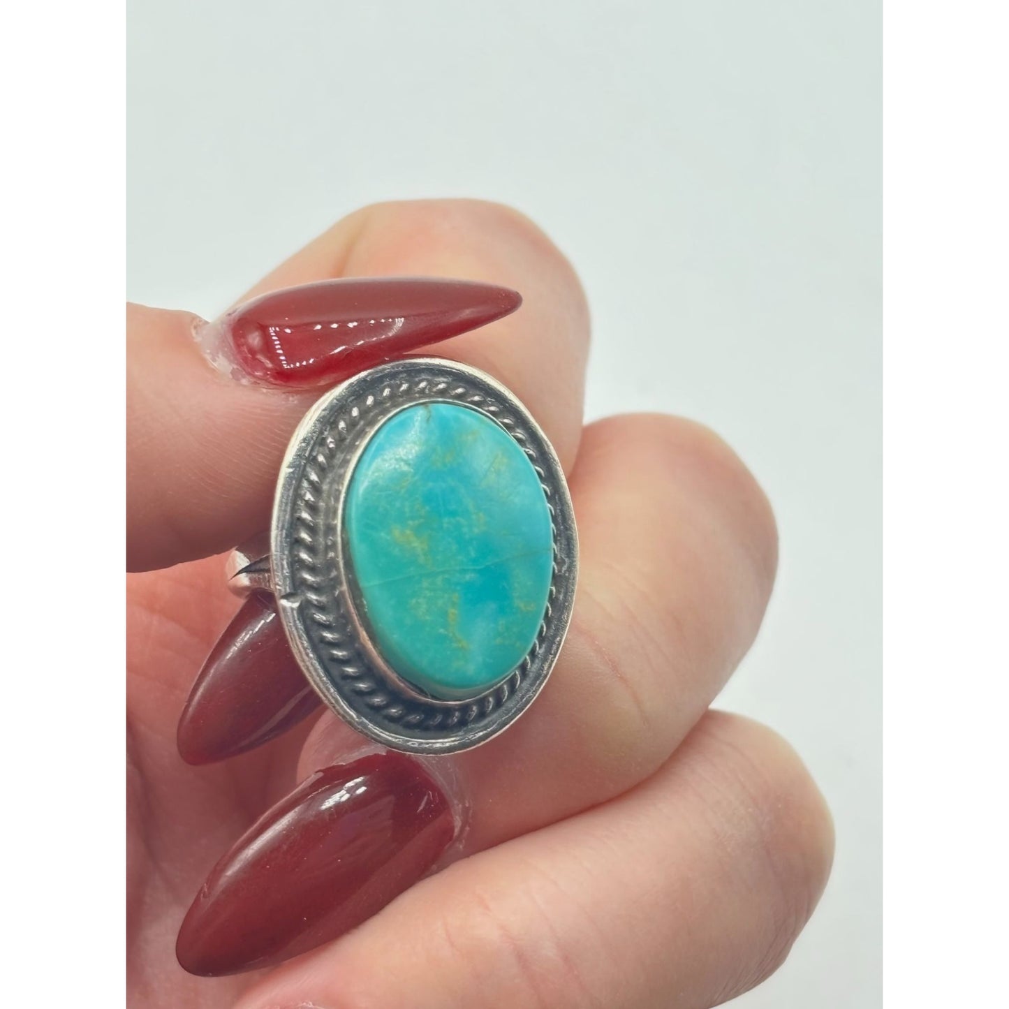 Vintage Turquoise & Silver Tone Oval Ring Size 7.5