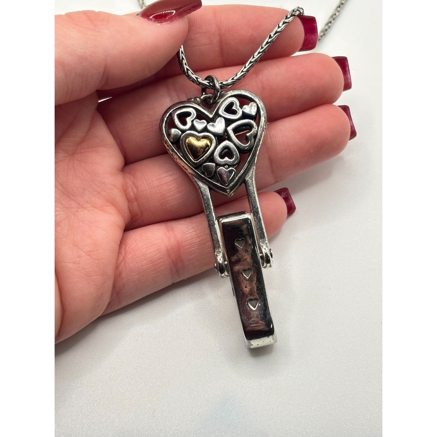 Vintage Brighton Alcazar Heart Badge Holder Clip Pendant Necklace Silver/Gold Tone